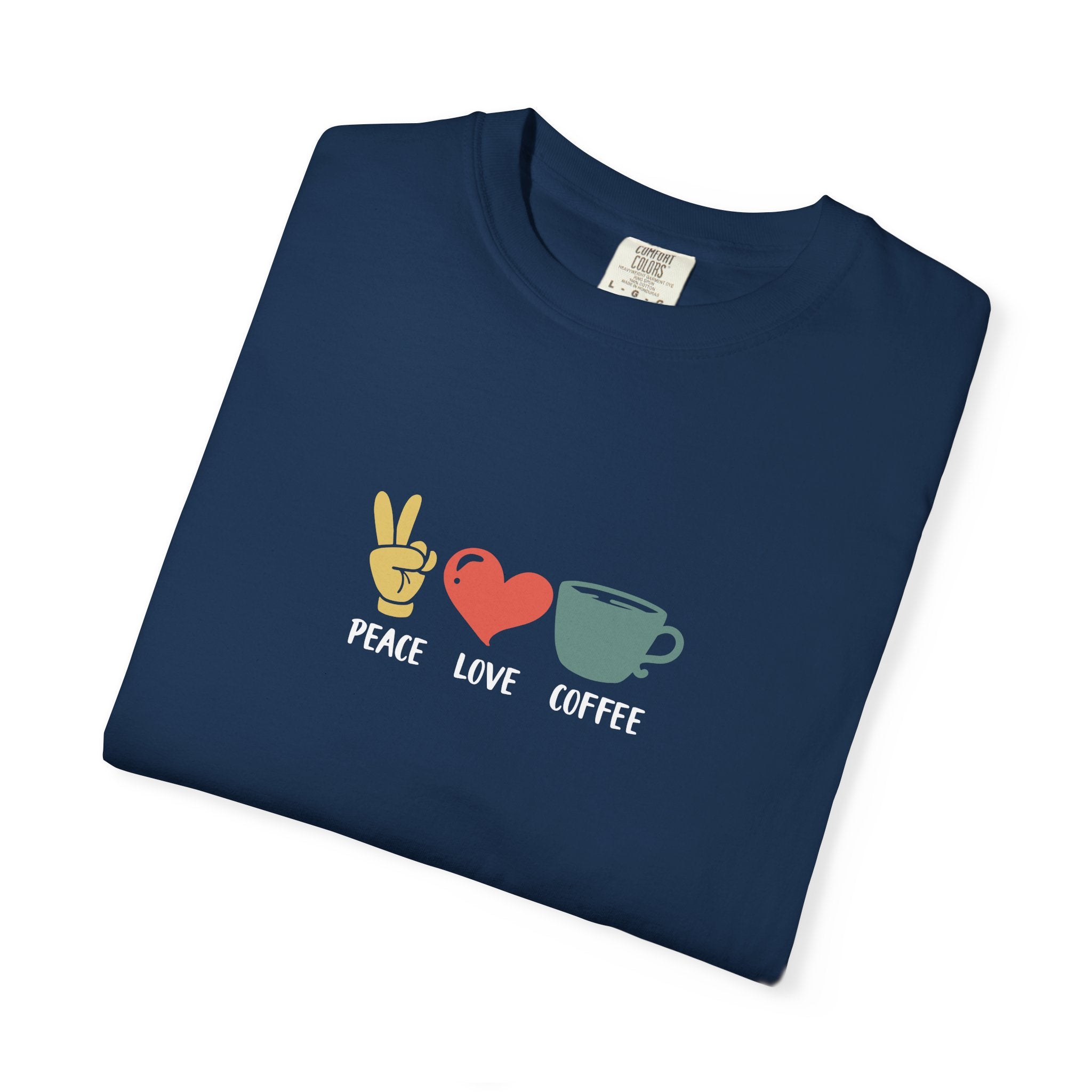 A navy blue heavyweight cotton t-shirt featuring a retro peace sign, heart, and coffee cup graphic.