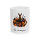 Personalized Miniature Pinscher dog Halloween mug, 11oz white ceramic, with custom pet name on front