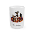 Personalized Smooth Fox Terrier dog Halloween mug, 11oz white ceramic, with custom pet name on front