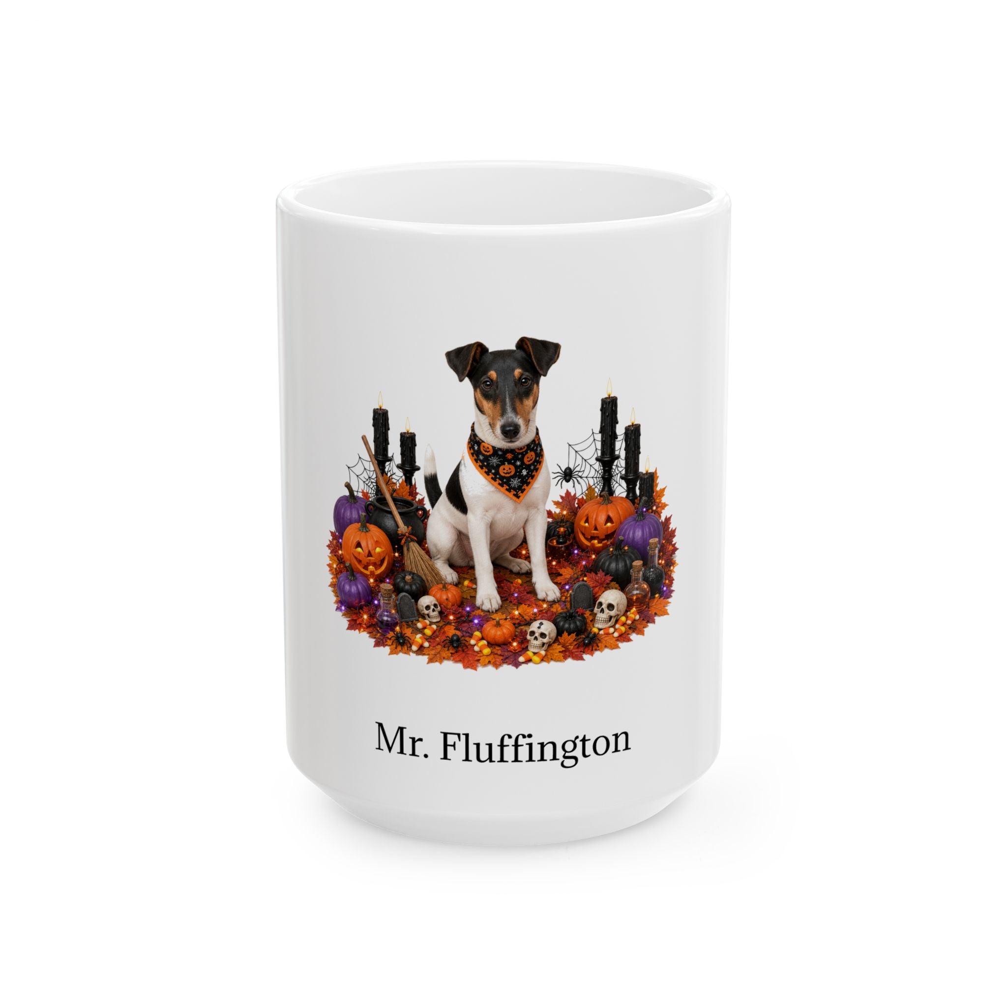 Personalized Smooth Fox Terrier dog Halloween mug, 11oz white ceramic, with custom pet name on front