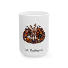 Personalized Chinese Crested dog Halloween mug, 11oz white ceramic, with custom pet name on front