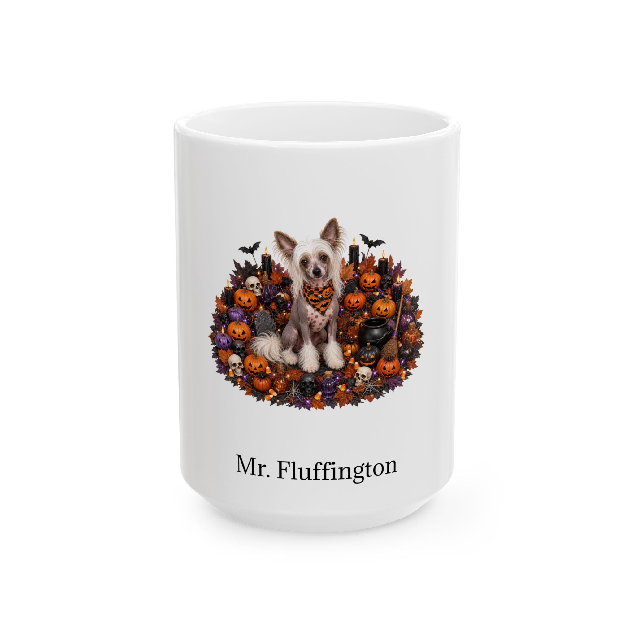 Personalized Chinese Crested dog Halloween mug, 11oz white ceramic, with custom pet name on front