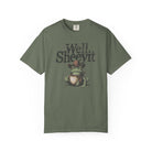 Olive green unisex cotton t-shirt featuring a graphic of a cowboy frog holding a coffee mug.