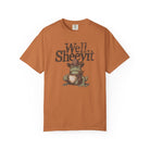 Rust-colored unisex cotton t-shirt featuring a graphic of a cowboy frog holding a coffee mug.