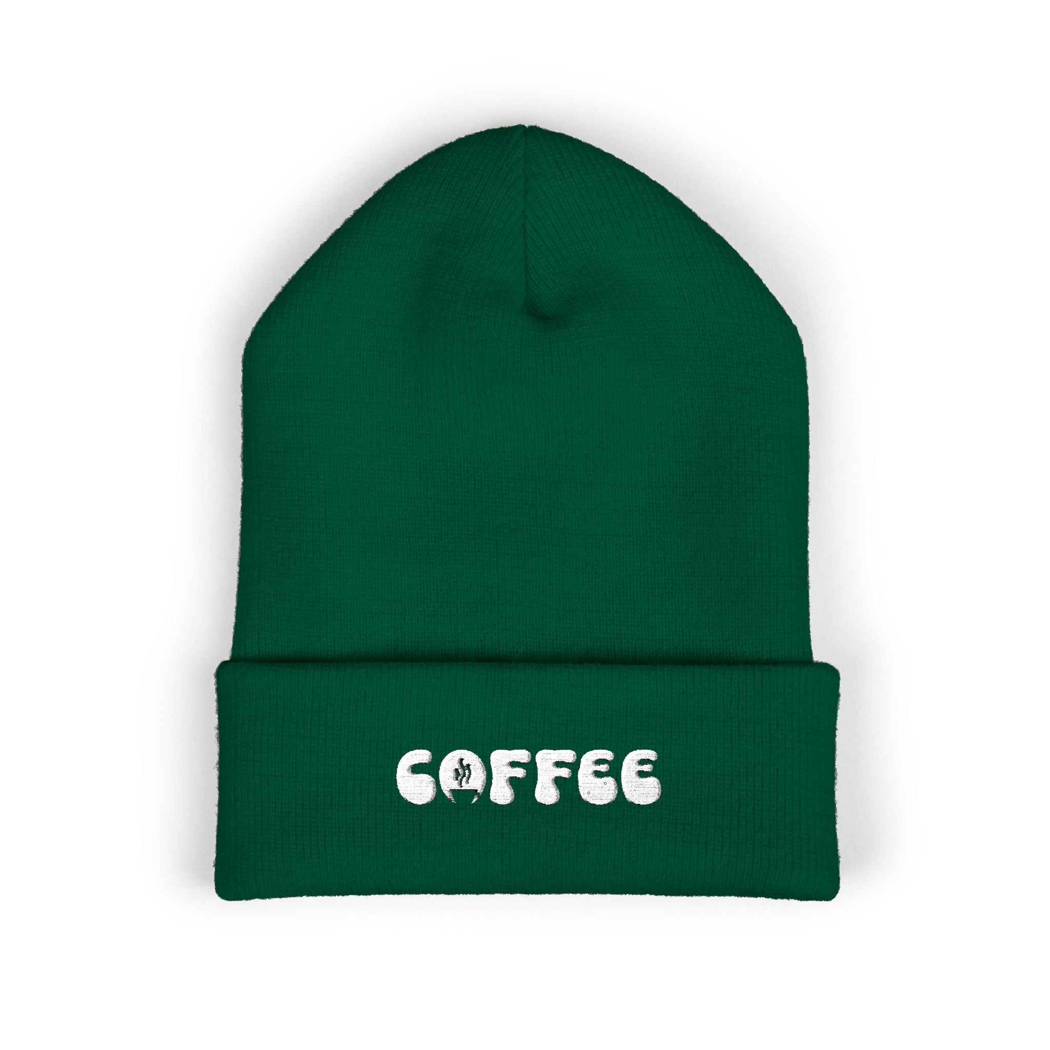 Green cuffed knit beanie with embroidered "COFFEE" text.