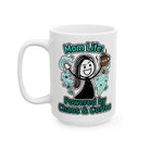 A white ceramic mug featuring a distressed graphic of a woman surrounded by chaos and coffee.