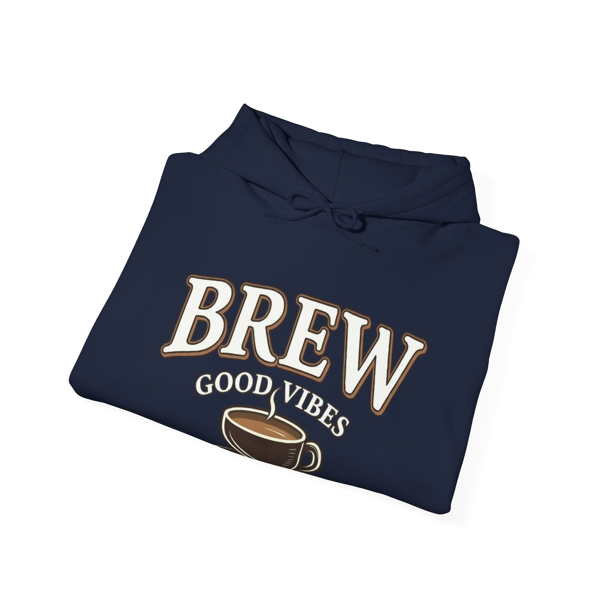 Navy blue hoodie with "Brew Good Vibes" text and coffee cup graphic.