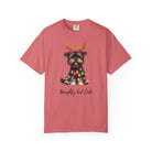 A coral-colored Comfort Colors unisex t-shirt featuring a Yorkie wearing reindeer antlers and lights.