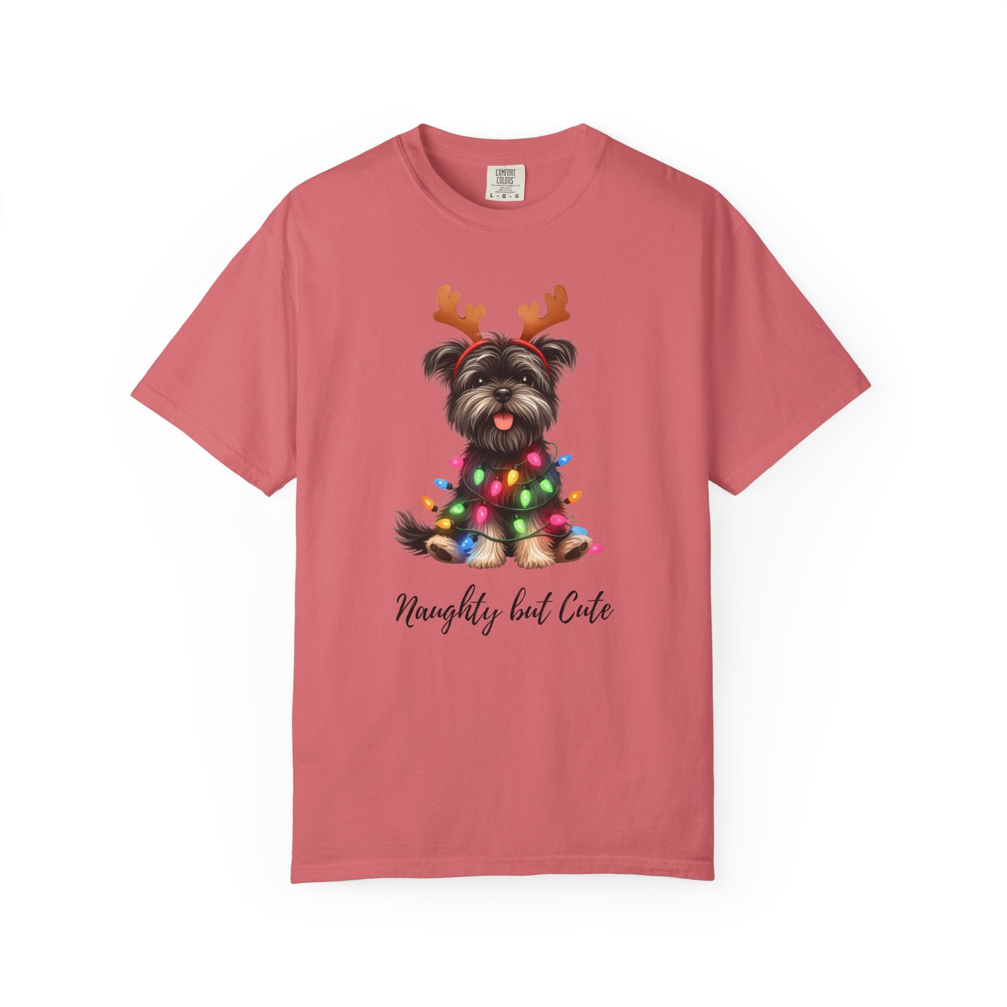 A coral-colored Comfort Colors unisex t-shirt featuring a Yorkie wearing reindeer antlers and lights.
