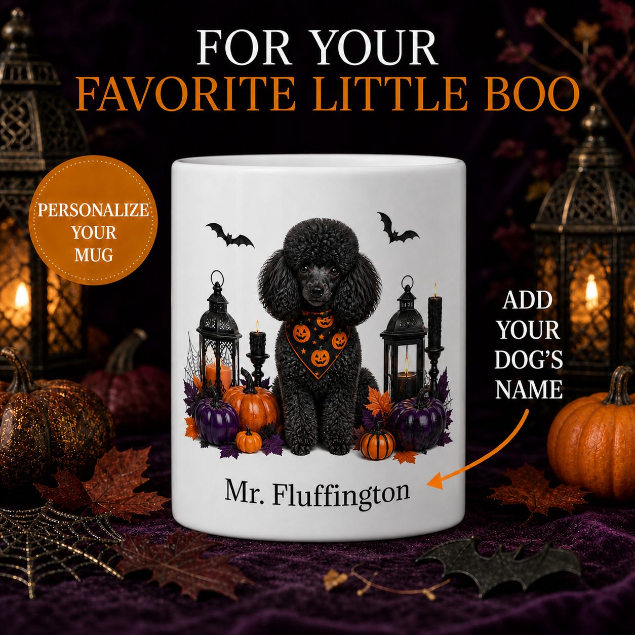 Personalized Miniature Poodle Dog Mug – Custom Pet Name Halloween Gift – front view with no handle