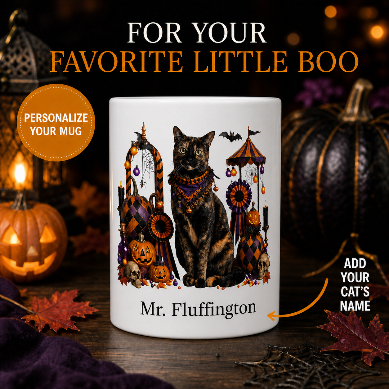 Personalized Tortoiseshell Cat Halloween Mug – Custom Pet Name Gift – front view with no handle