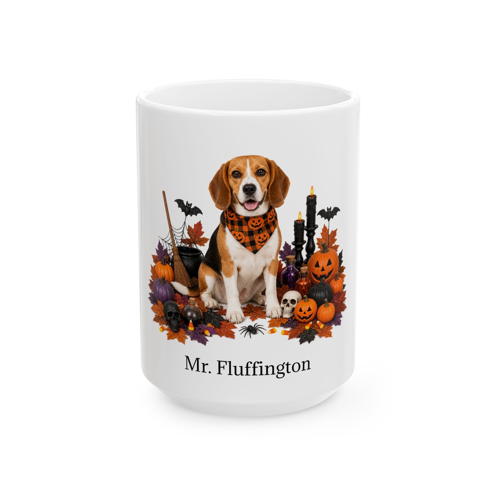 Angled Beagle dog Halloween mug with personalized pet name and fall design — image 3