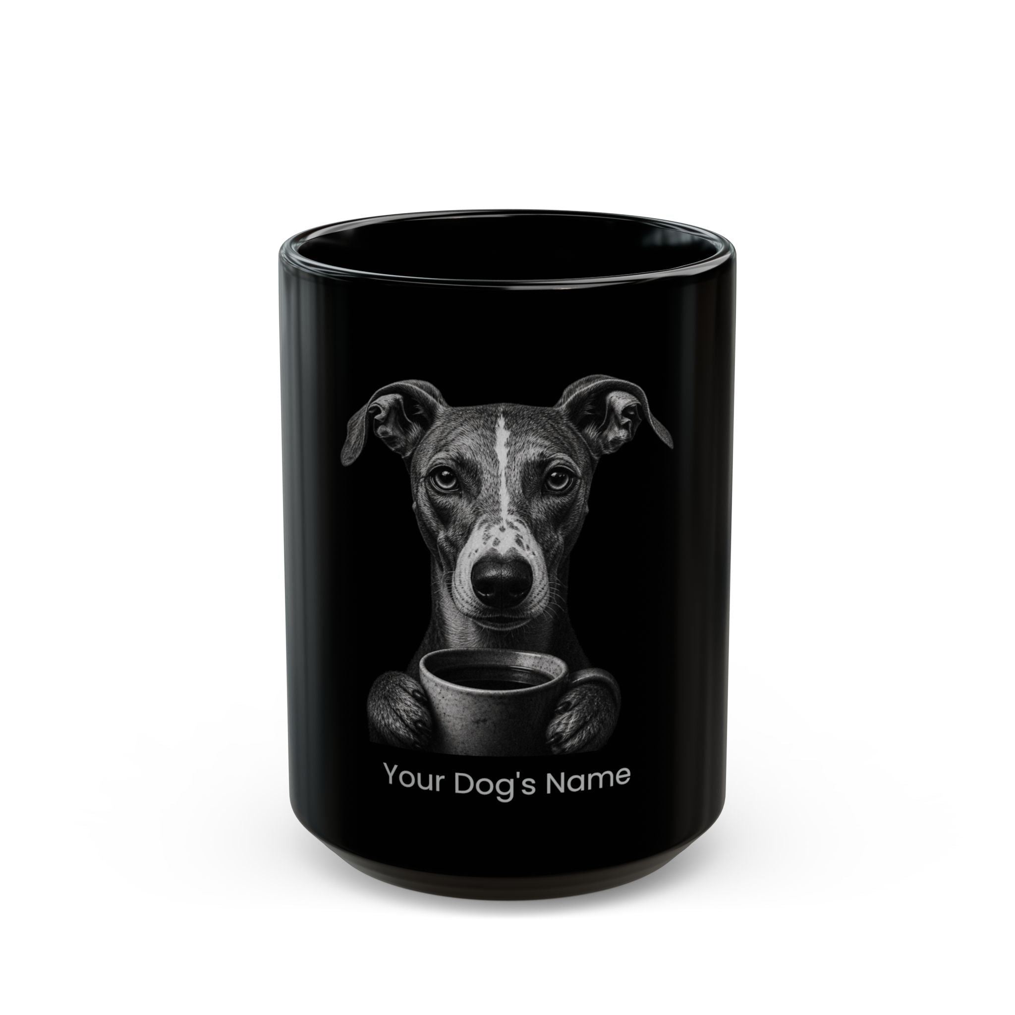 Personalized Whippet black ceramic coffee mug with custom dog name