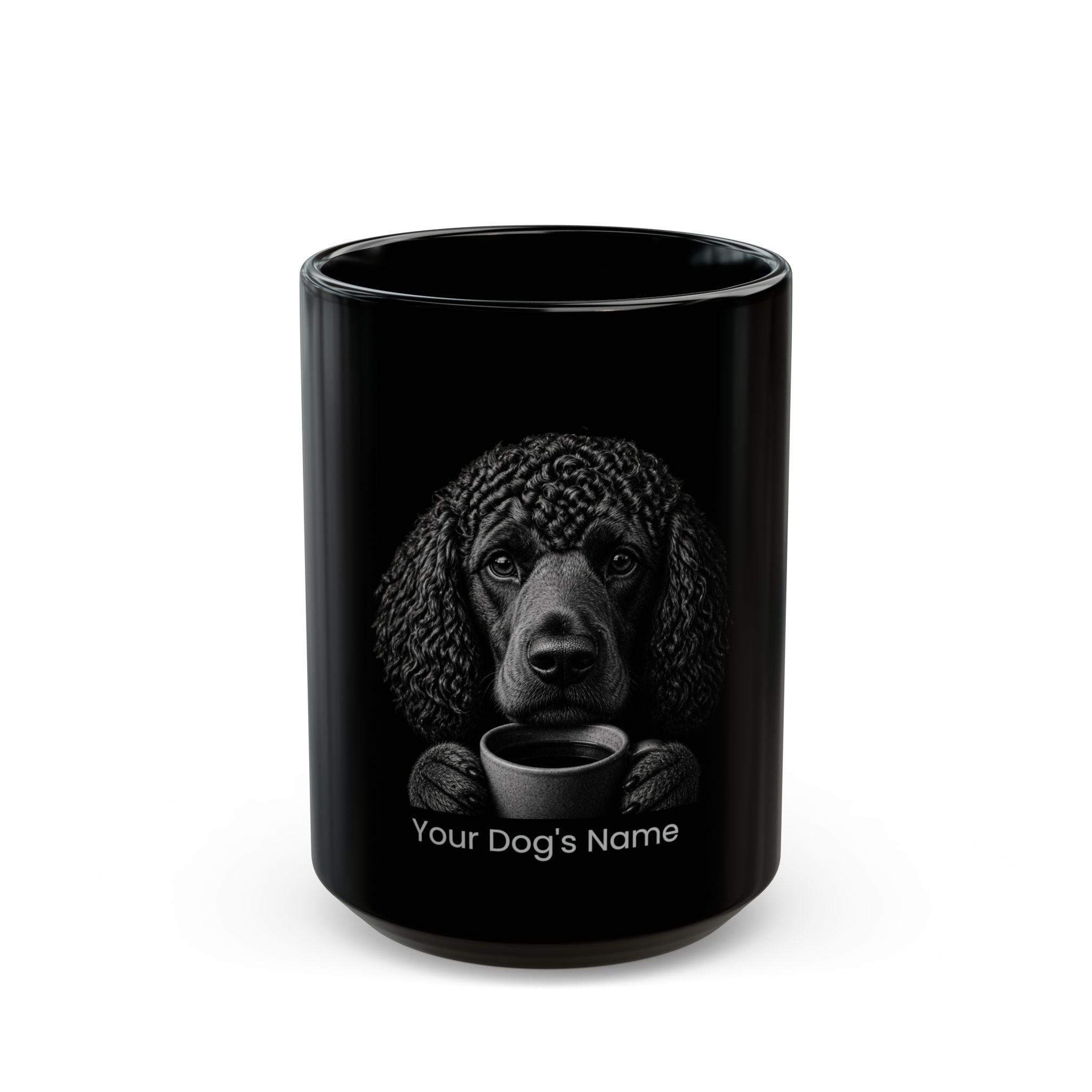 Personalized Irish Water Spaniel black ceramic coffee mug with custom dog name