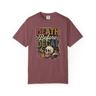 A maroon unisex cotton t-shirt with a distressed Death Before Decaf graphic featuring a skull.