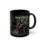 Black ceramic mug featuring a Grim Reaper holding a seam ripper in a sewing room setting.