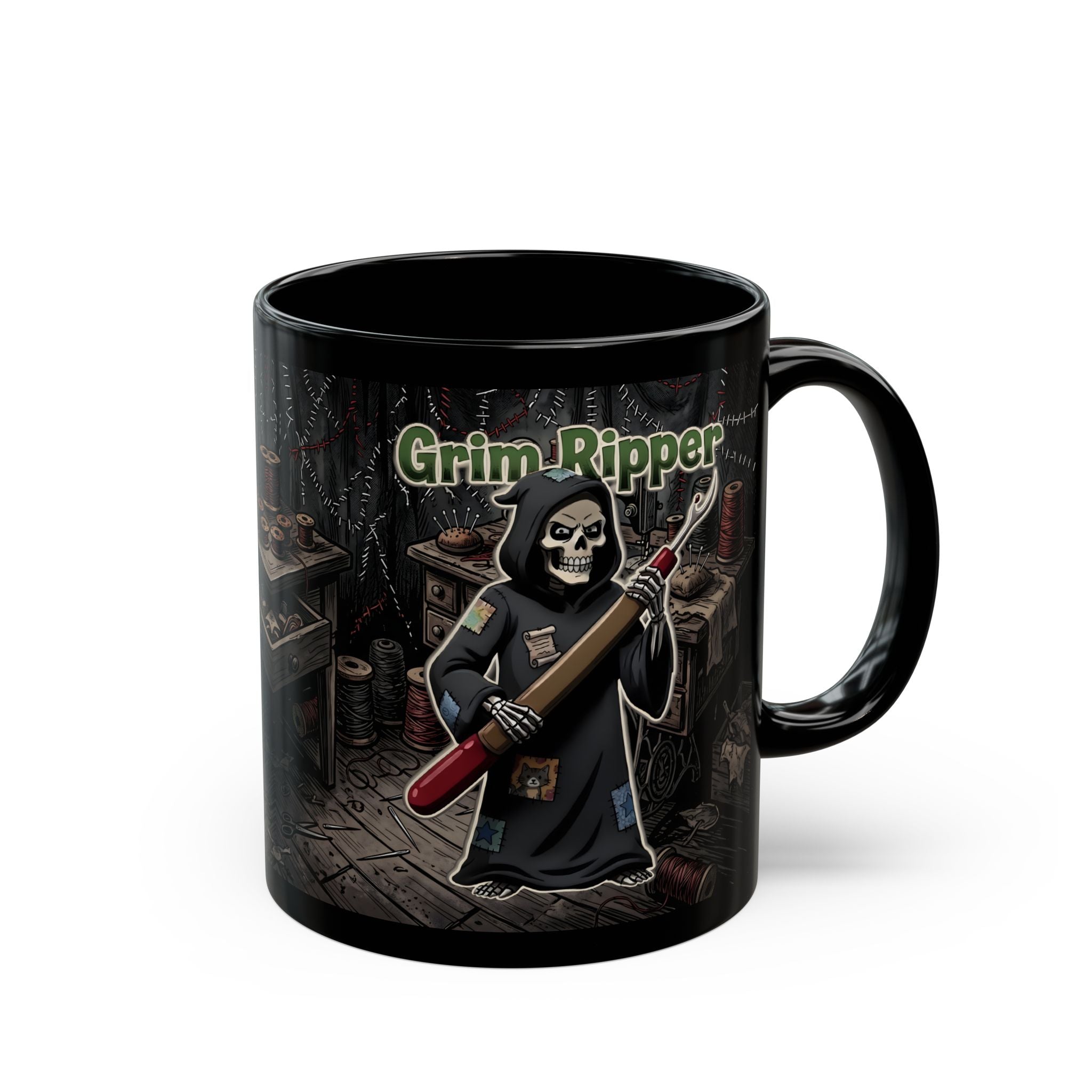 Black ceramic mug featuring a Grim Reaper holding a seam ripper in a sewing room setting.