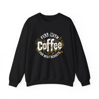 A black crewneck sweatshirt featuring a white and gold graphic that says Fill With Coffee.