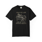 Black Comfort Colors 1717 t-shirt featuring a vintage graphic of a coffee bean lounging on a sofa.
