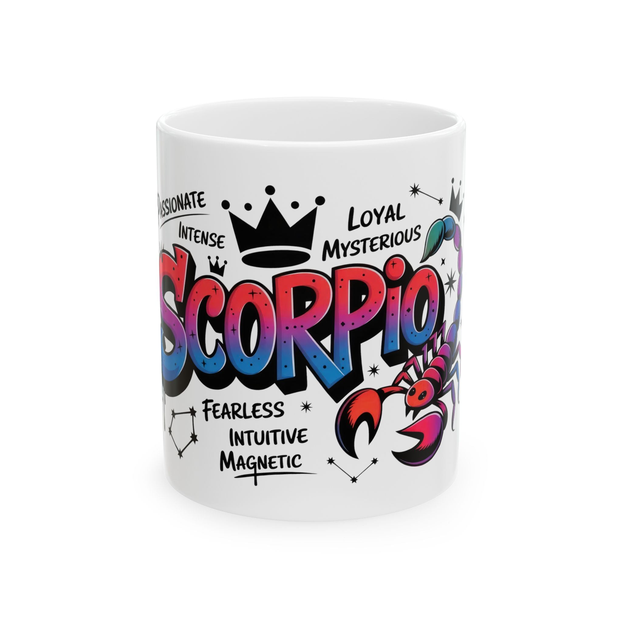 A white ceramic mug featuring a purple and blue graffiti-style Scorpio design and a scorpion.