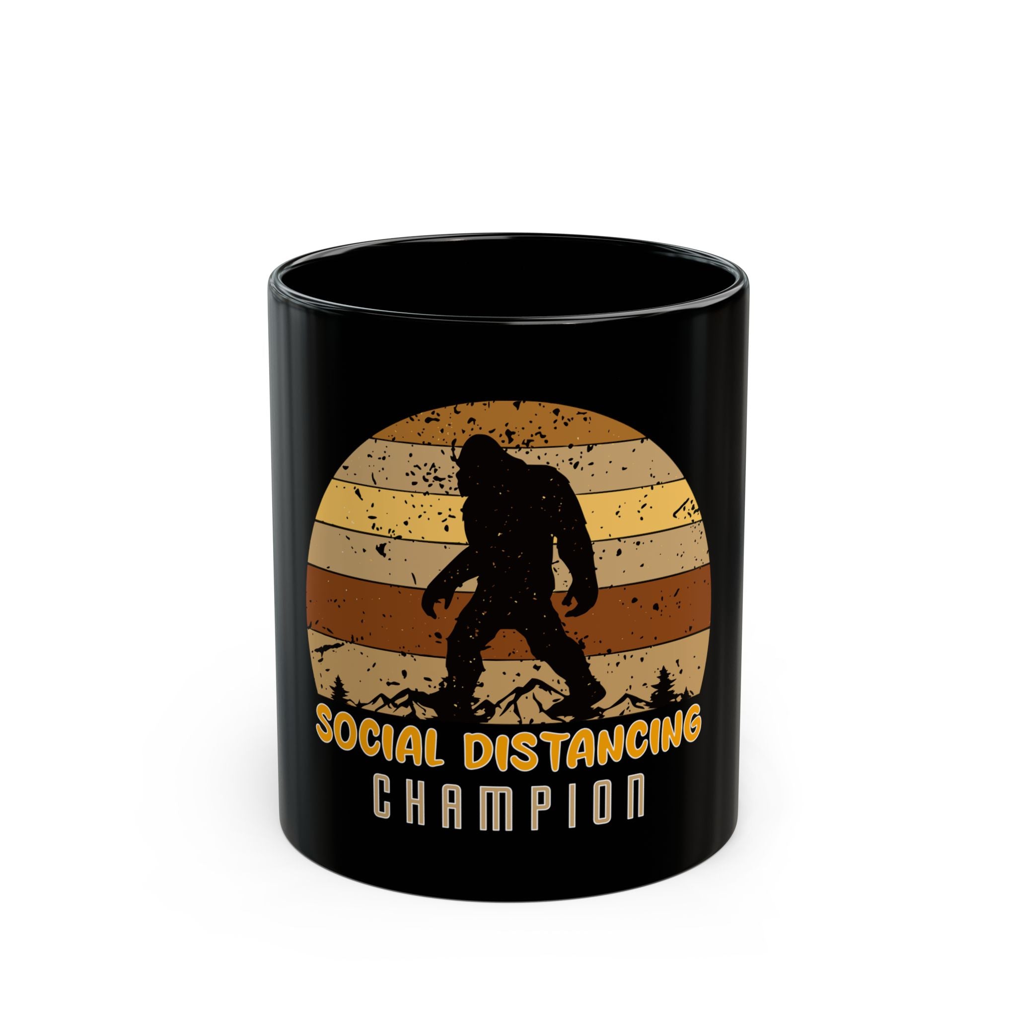 Black coffee mug featuring a retro Bigfoot graphic and the text Social Distancing Champion.