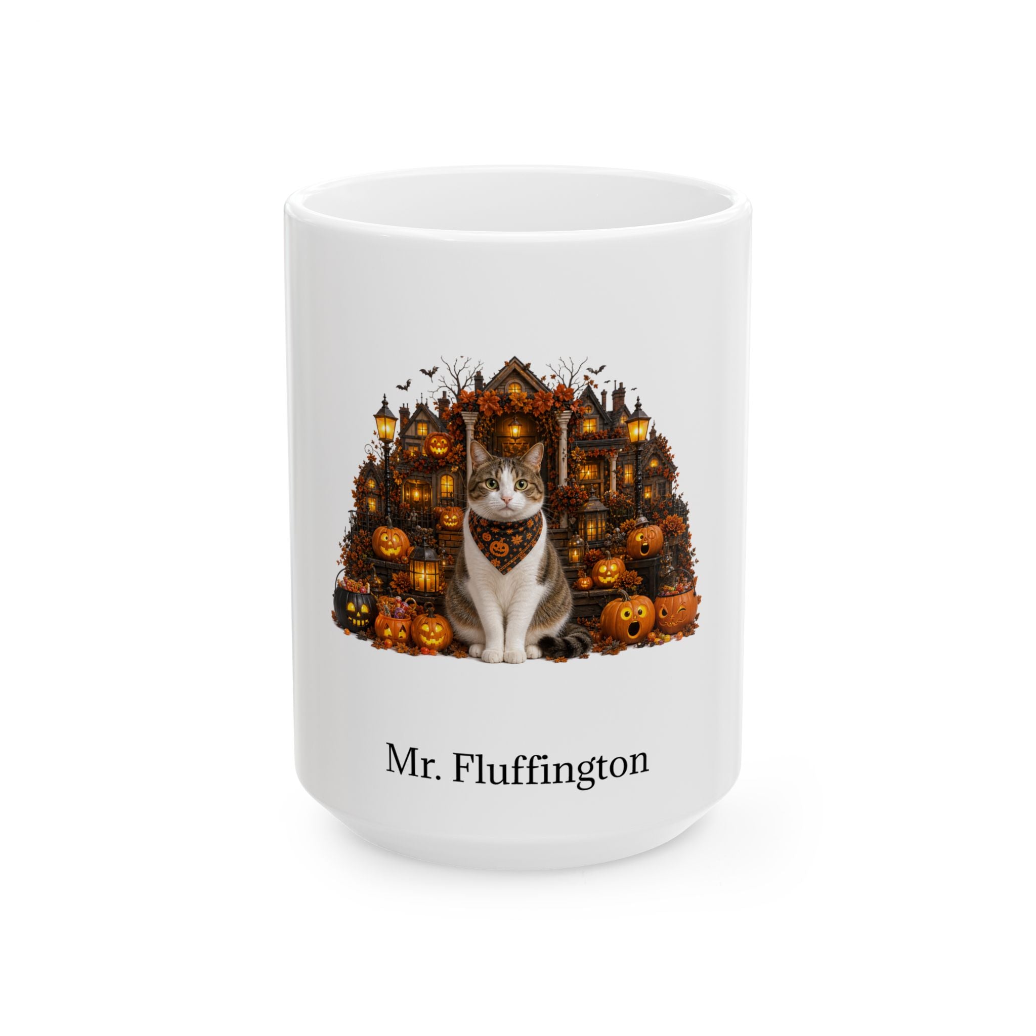 Personalized Domestic Shorthair cat Halloween mug, 15oz white ceramic, with custom pet name on front