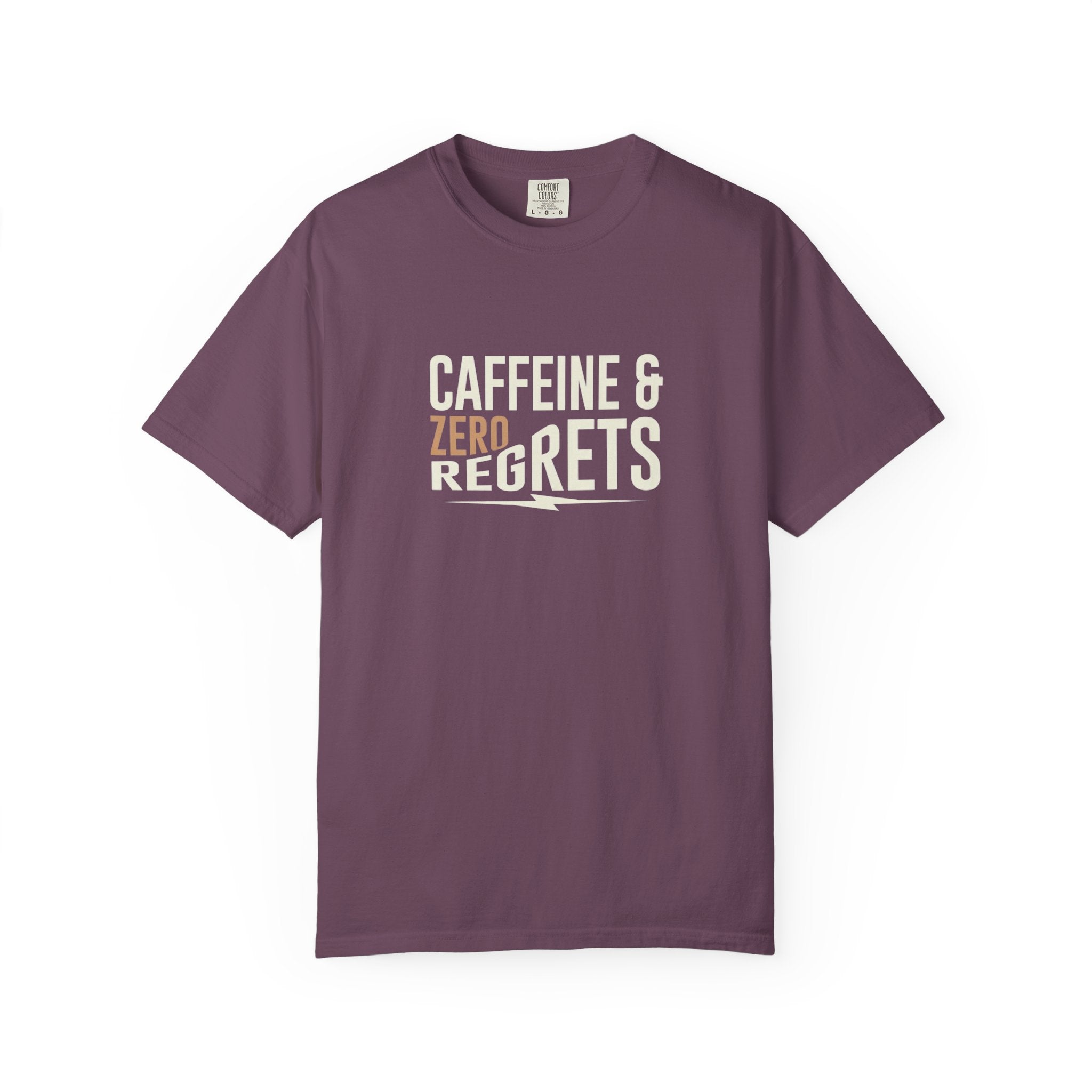 Caffeine & Zero Regrets T-Shirt - Funny Coffee Pun Tee - Sarcastic Barista Shirt - Minimalist Aesthetic Graphic Top - Premium Comfort Colors 1717