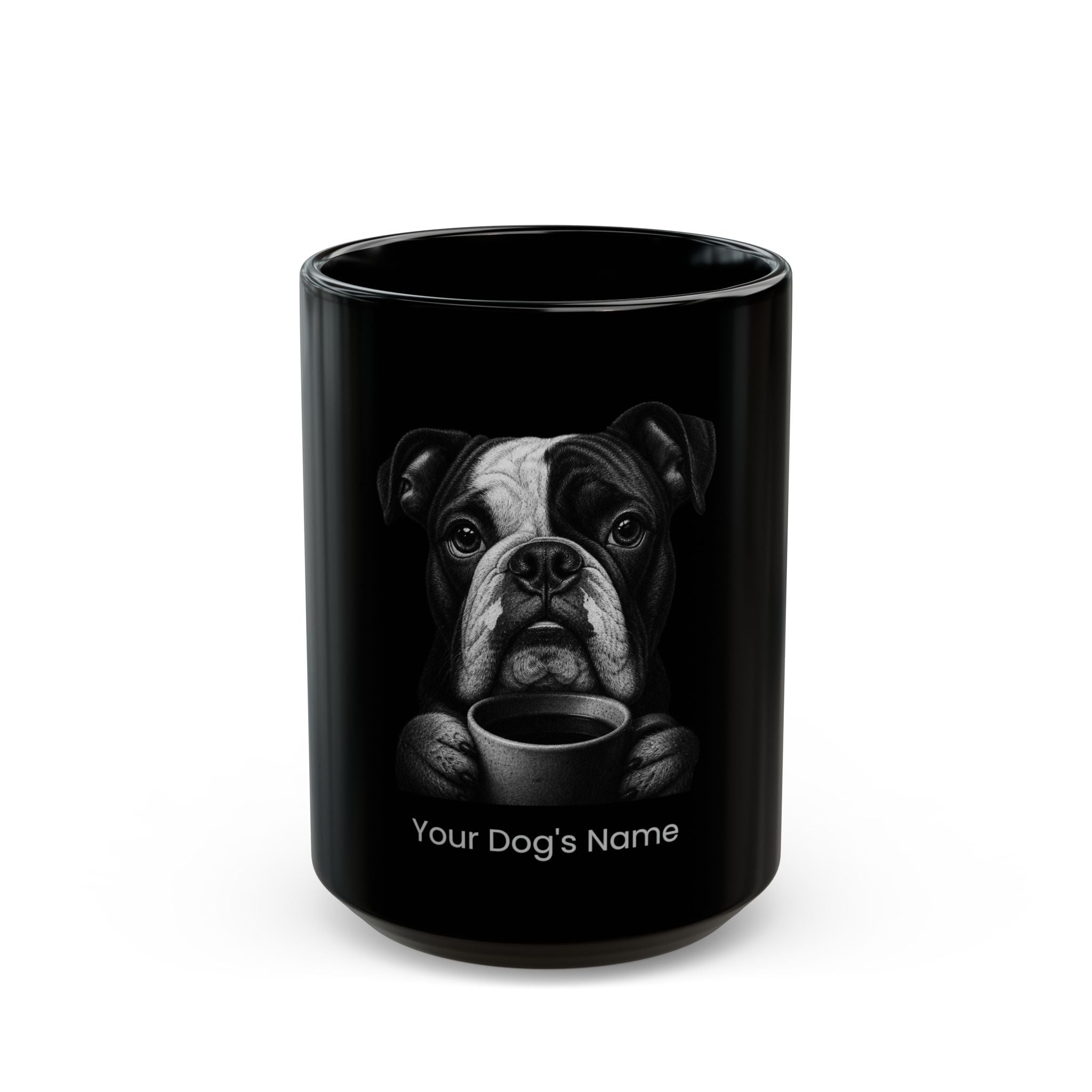 Personalized Serrano Bulldog black ceramic coffee mug with custom dog name