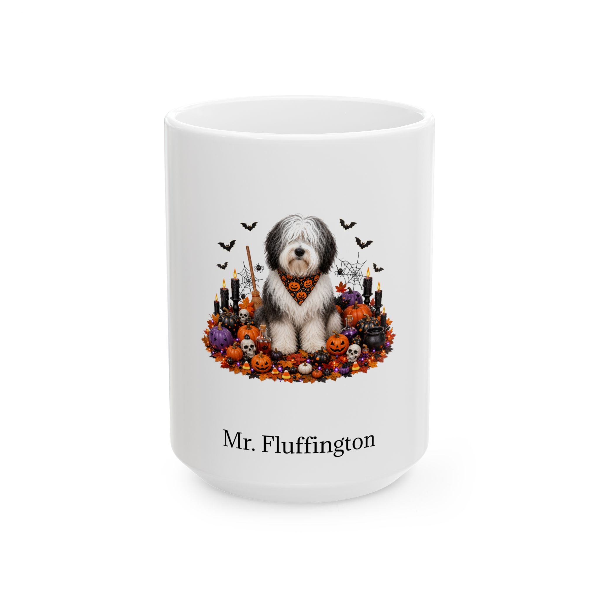 Personalized Polish Lowland Sheepdog Halloween mug, 11oz white ceramic, with custom pet name on front