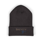 A dark grey cuffed beanie with "Brevity Brew" embroidered on the front.
