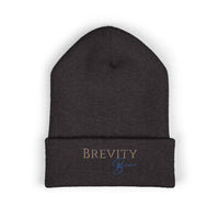 A dark grey cuffed beanie with "Brevity Brew" embroidered on the front.