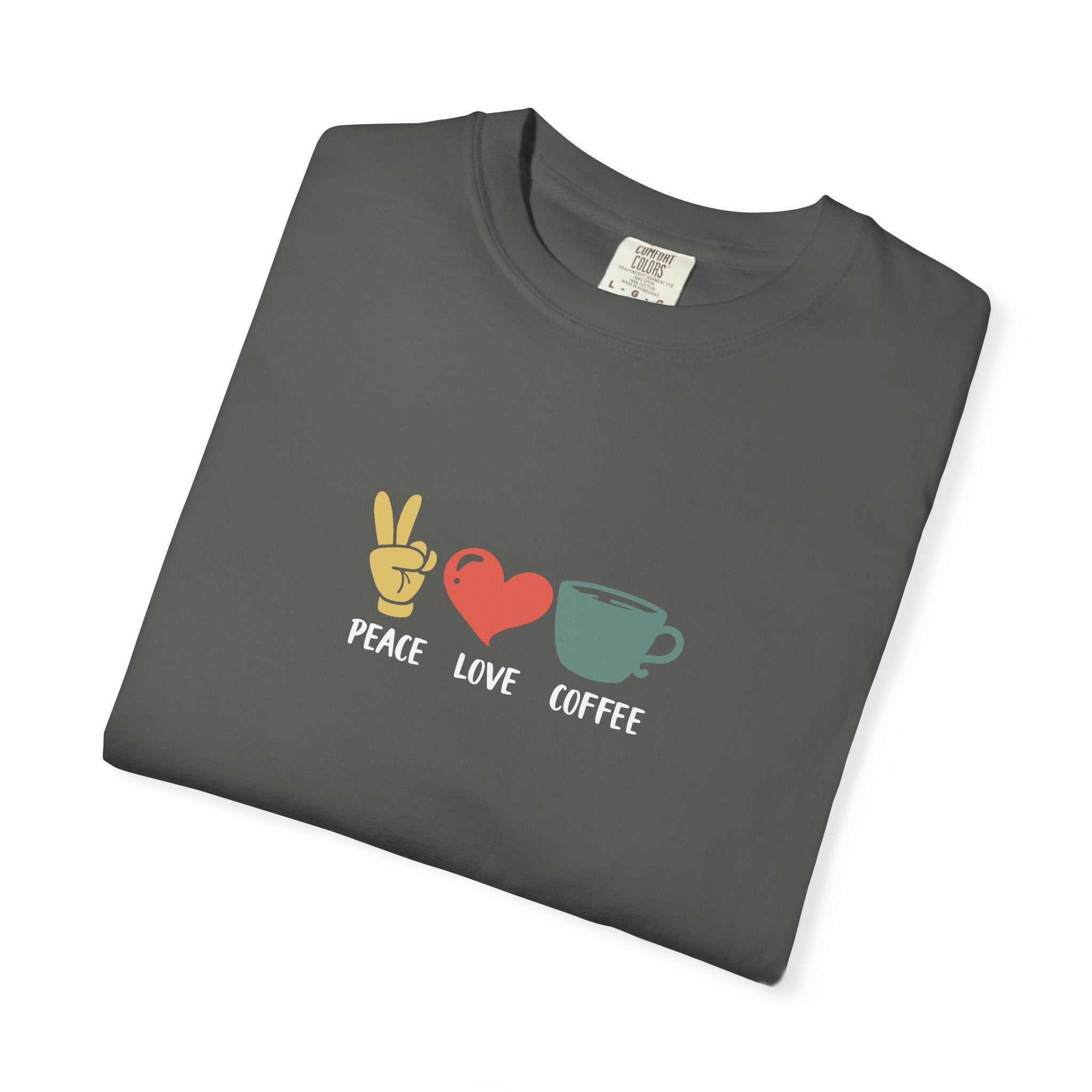 A folded charcoal grey heavyweight cotton t-shirt featuring a peace sign, heart, and coffee cup.