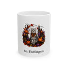 Personalized American Shorthair cat Halloween mug, 11oz white ceramic, with custom pet name on front