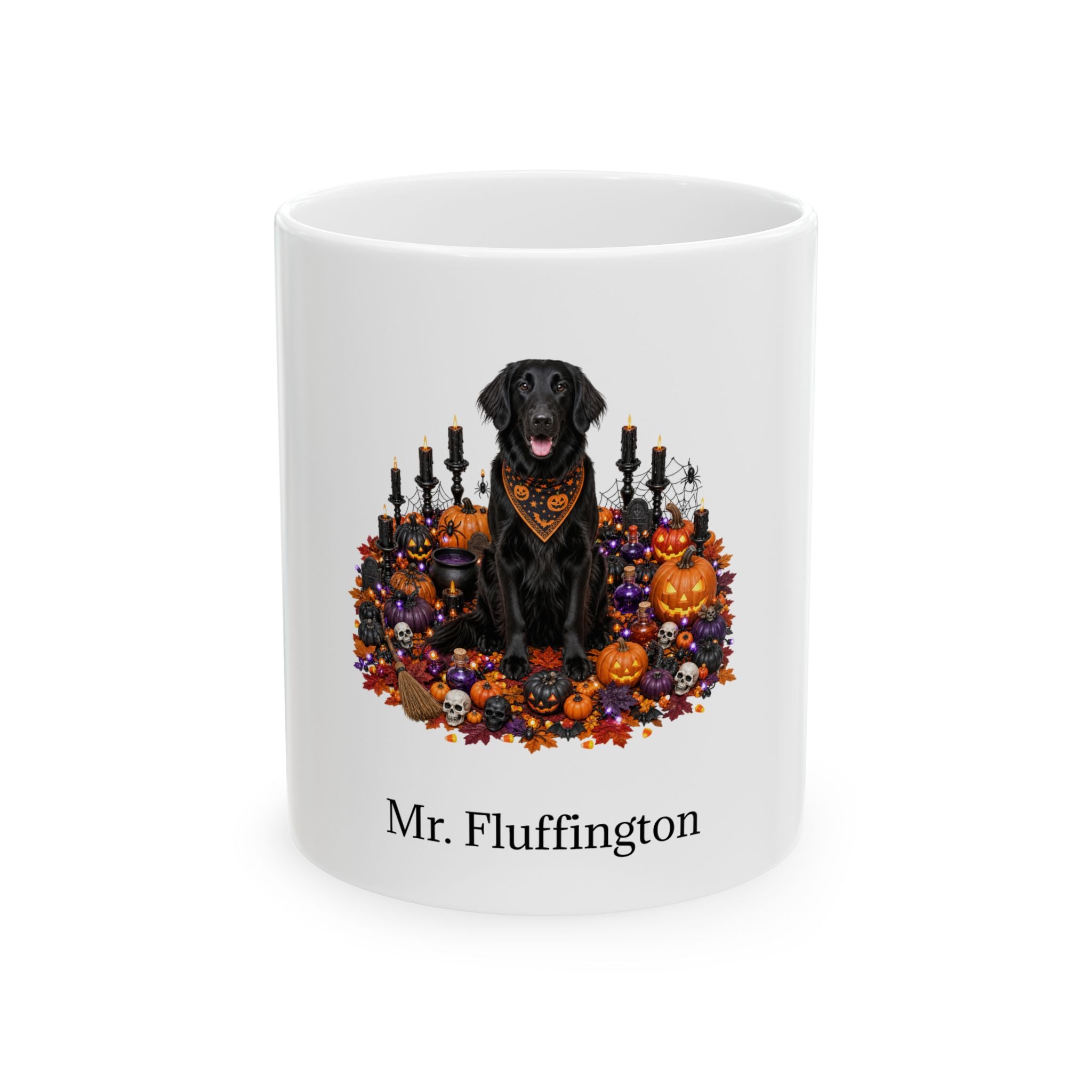 Personalized Flat-Coated Retriever dog Halloween mug, 15oz white ceramic, with custom pet name on front