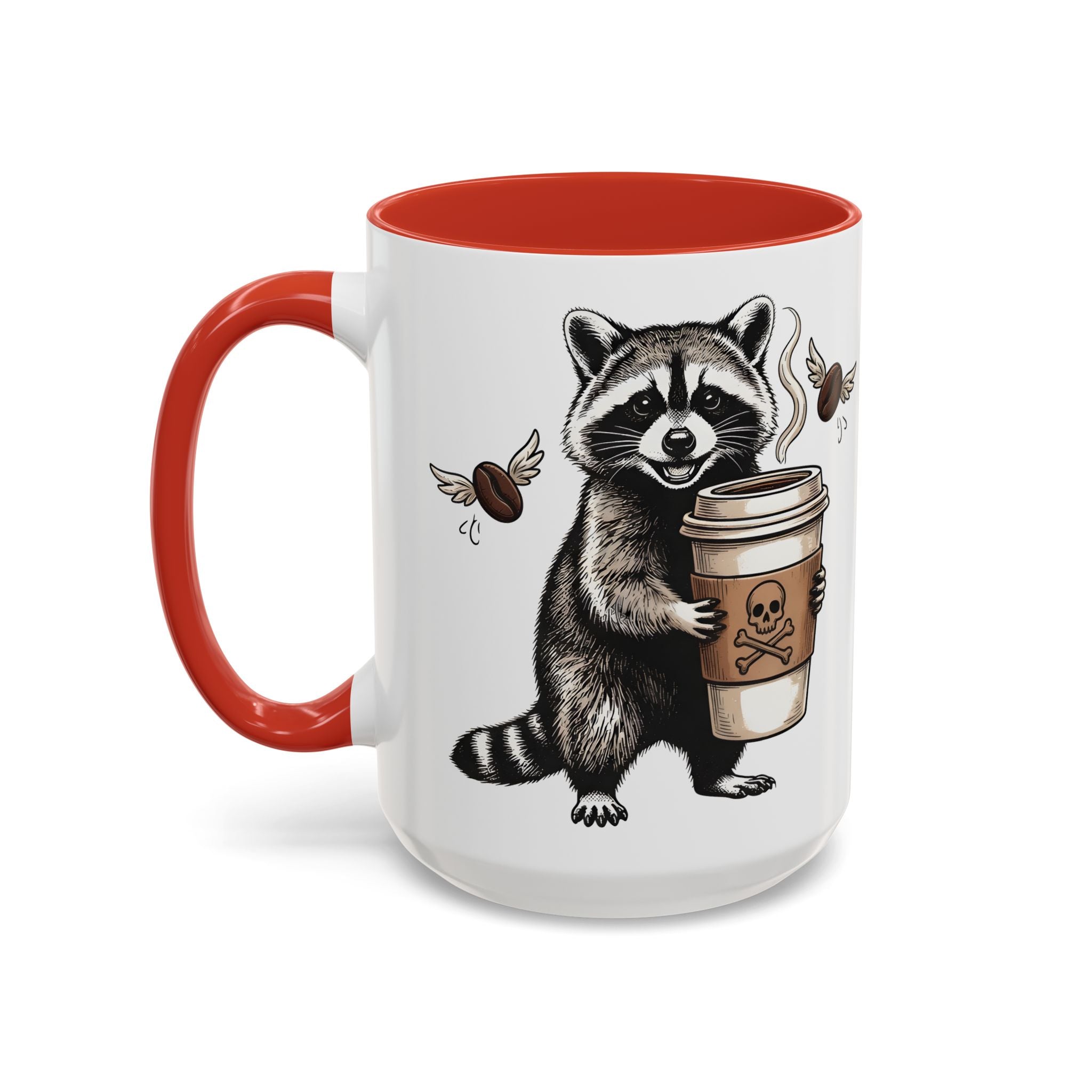White ceramic mug with a red handle and interior, featuring a raccoon holding a coffee cup.