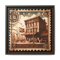 Vintage Postage Stamp Cityscape Framed Canvas Print | 14x14 Pine Frame