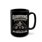 Black ceramic coffee mug featuring a skeleton wearing a hoodie and cap, holding a mug labeled DAD.