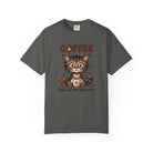 Dark gray unisex cotton t-shirt featuring a cute kitten holding a coffee mug with text.