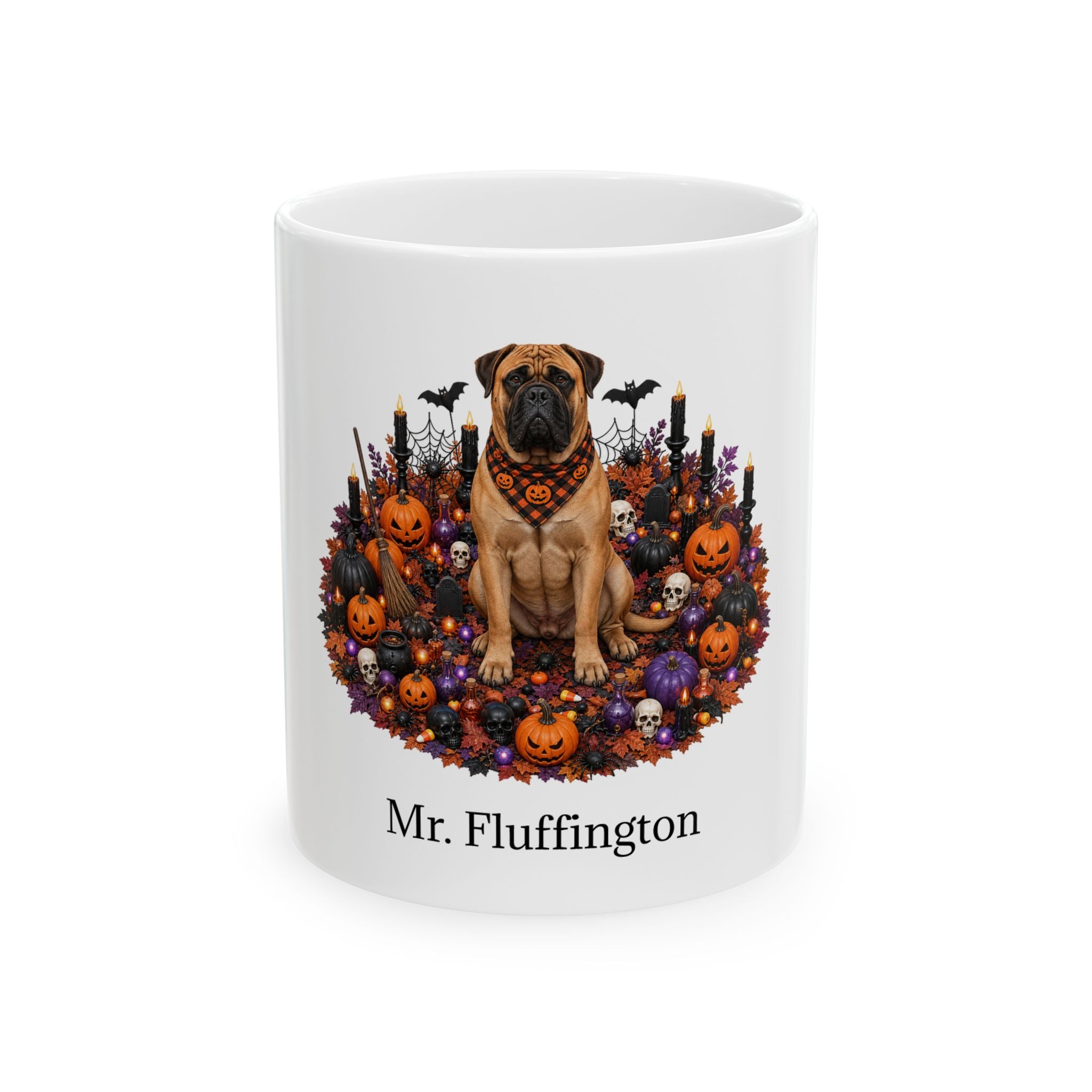 Personalized Bullmastiff dog ceramic coffee mug with Halloween artwork and custom name — image 2