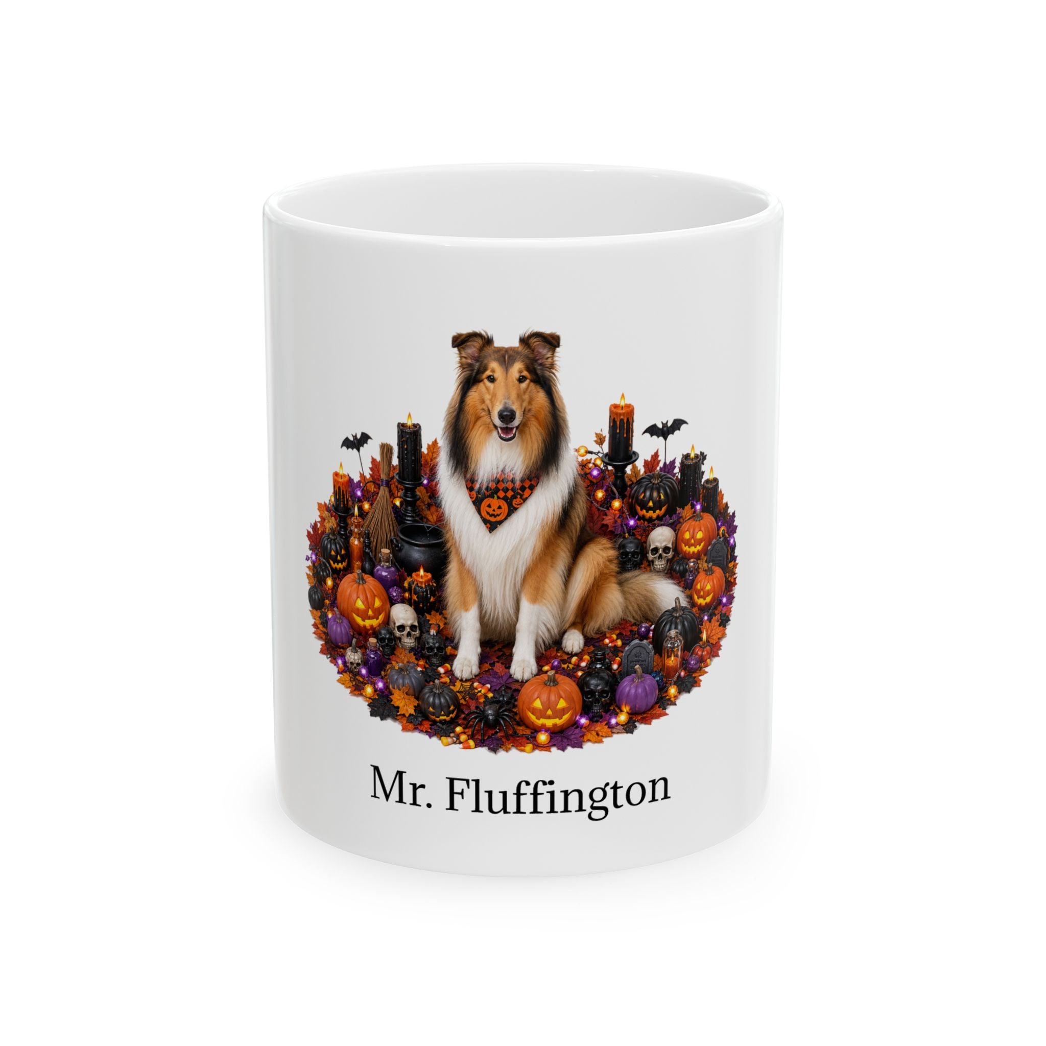 Personalized Collie Halloween mug with custom dog name, front product view