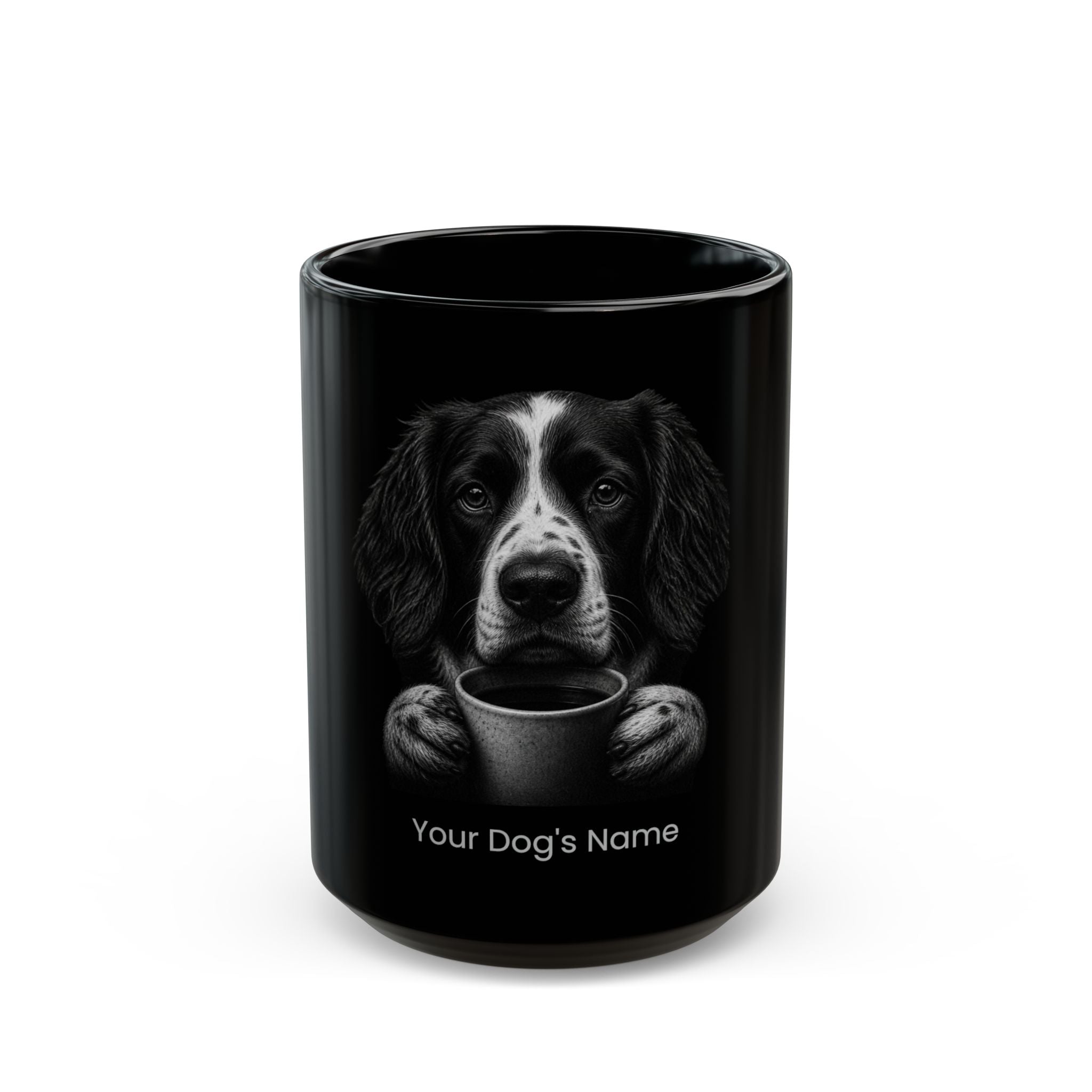 Personalized Small Münsterländer black ceramic coffee mug with custom dog name