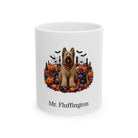Personalized Briard dog Halloween mug, 11oz white ceramic, with custom pet name on front