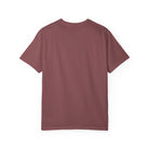 Back view of a plain, maroon-colored unisex cotton t-shirt with a relaxed fit.
