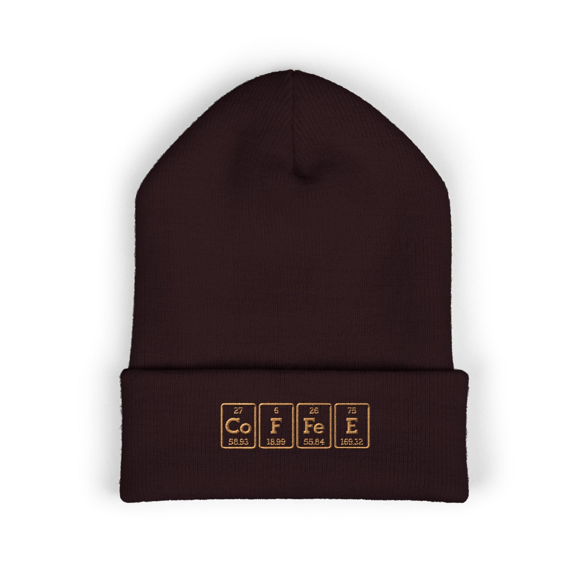 A dark brown cuffed beanie with "COFFEE" embroidered in periodic table style.