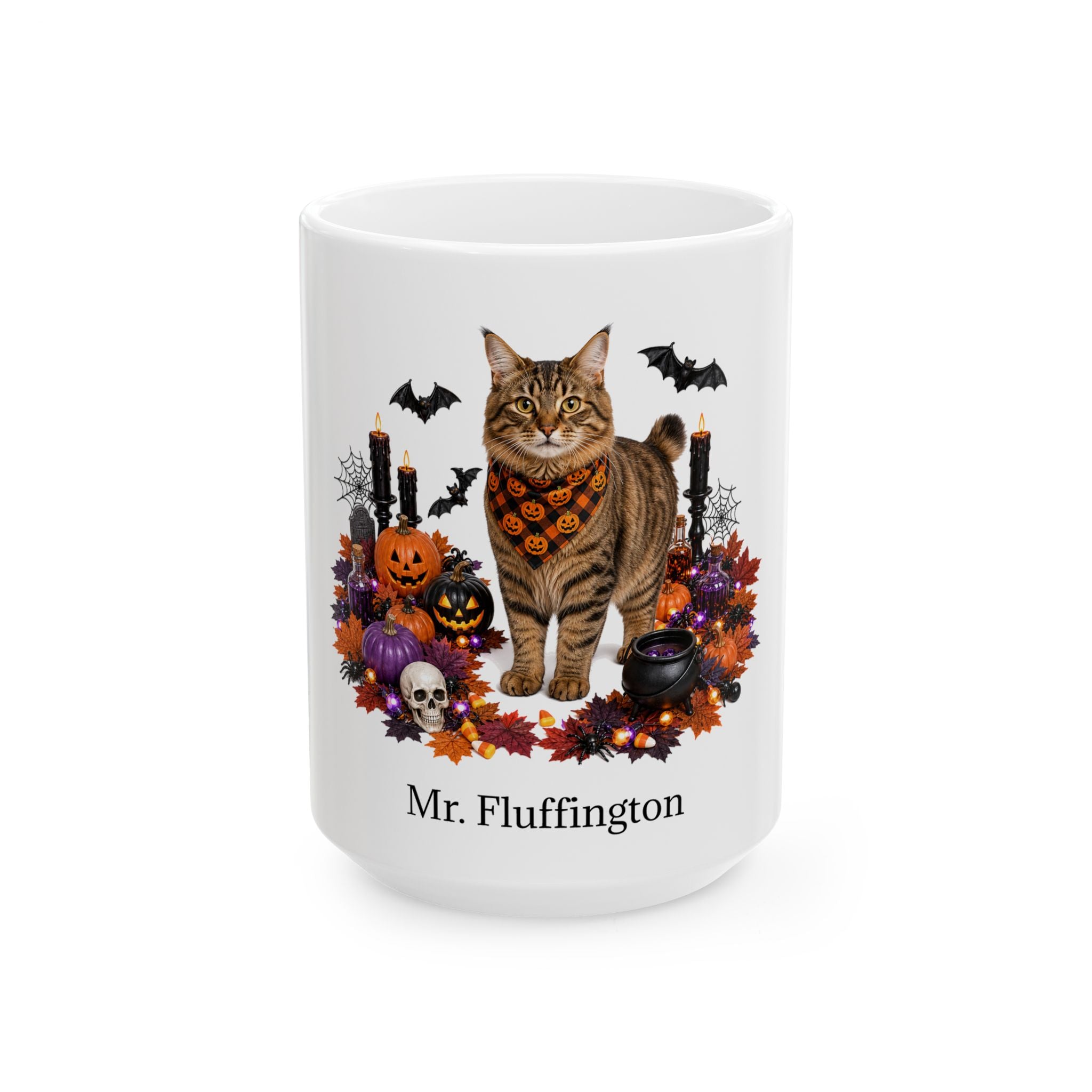 Angled American Bobtail cat Halloween mug with personalized pet name and fall design — image 3