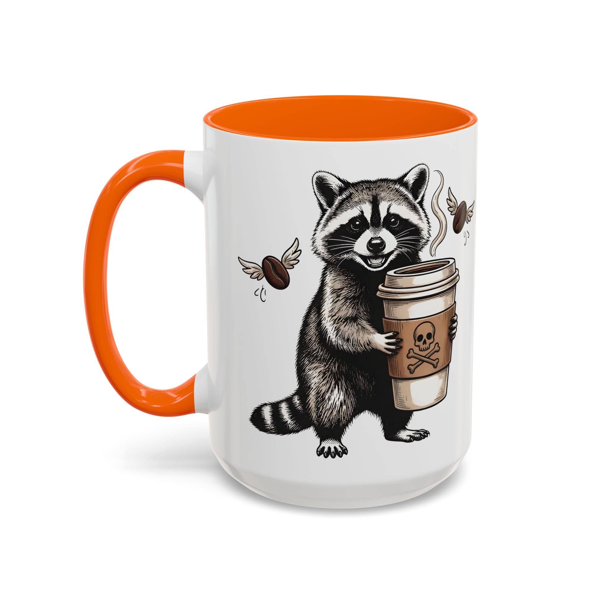 White ceramic mug with an orange handle and interior, featuring a raccoon holding a coffee cup.