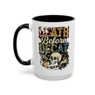 White ceramic mug with a black handle and a retro skull graphic reading Death Before Decaf.