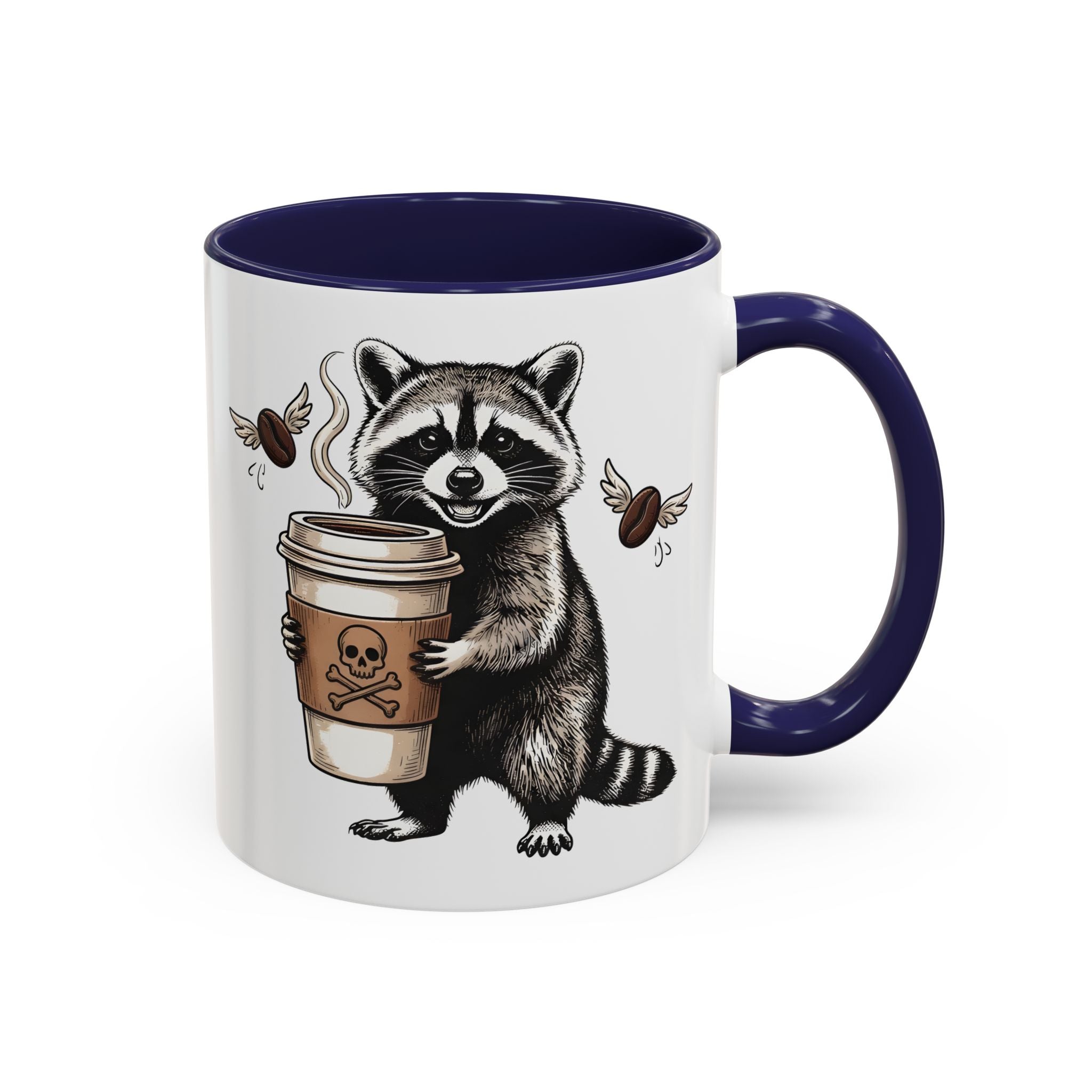 White ceramic mug with a blue handle featuring a raccoon holding a coffee cup with flying beans.