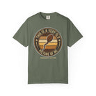 Olive green t-shirt with a vintage-style graphic of a coffee bean shaped like a sperm cell.