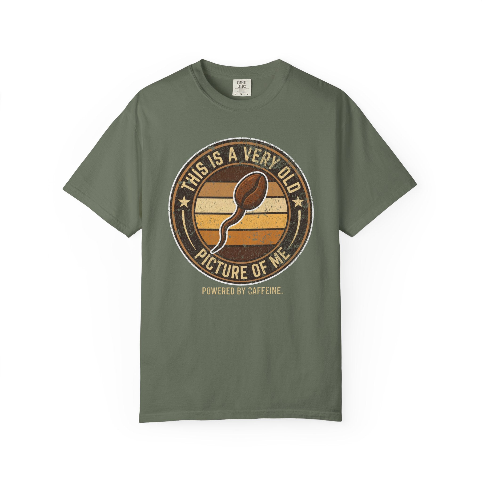 Olive green t-shirt with a vintage-style graphic of a coffee bean shaped like a sperm cell.